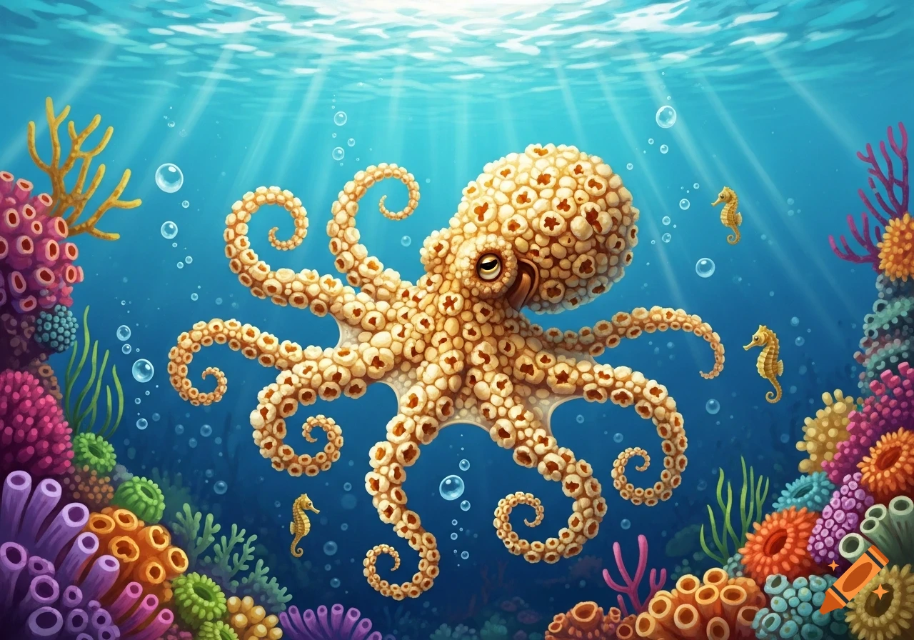 A vibrant illustration of a popcorn-textured octopus swimming underwater among colorful coral, seaweed, bubbles, and seahorses.