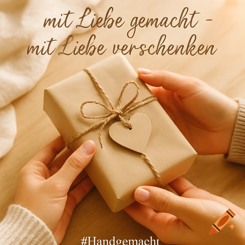 Two hands holding a brown paper wrapped gift tied with twine and a heart-shaped tag, with German text.