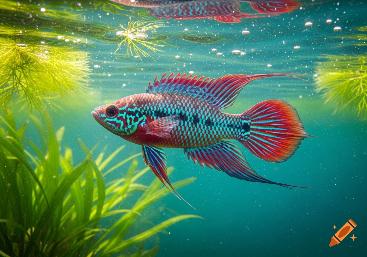 A photorealistic image of a vibrant red, blue, and teal patterned fish with flowing fins swimming in clear blue water amidst green aquatic plants.