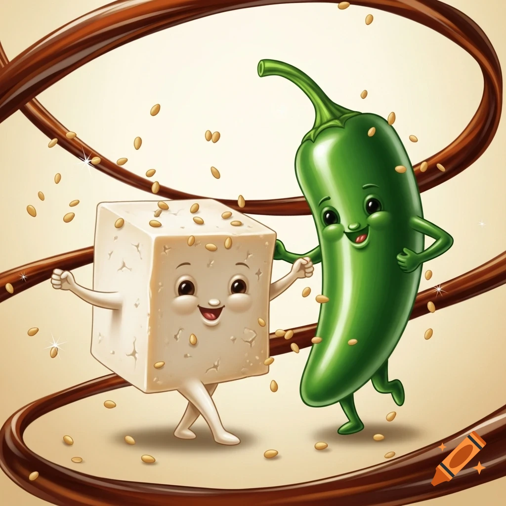 A joyful cartoon block of tofu and a jalape no pepper dance, holding hands, surrounded by soy sauce swirls and sesame seeds.