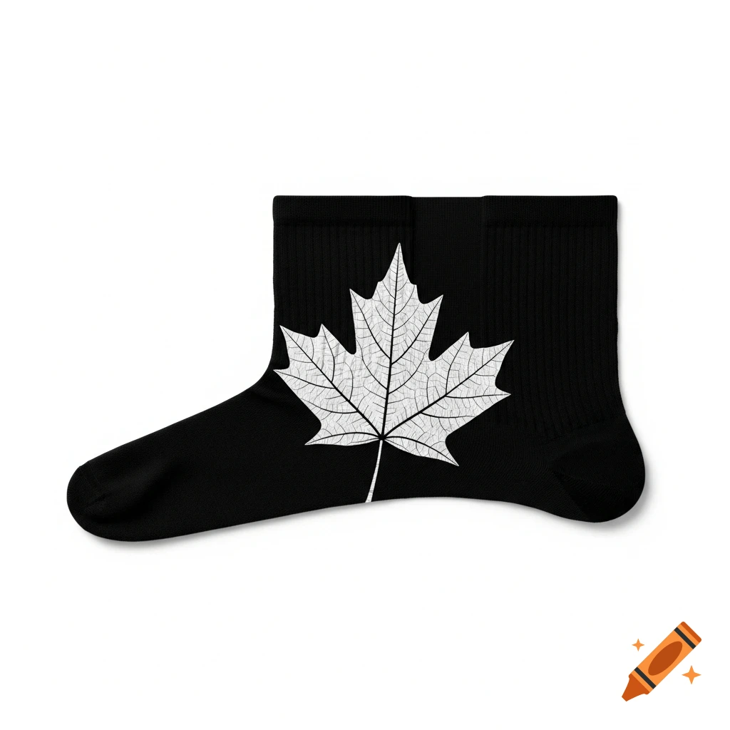 A black ankle sock featuring a prominent white maple leaf design, presented on a white background.