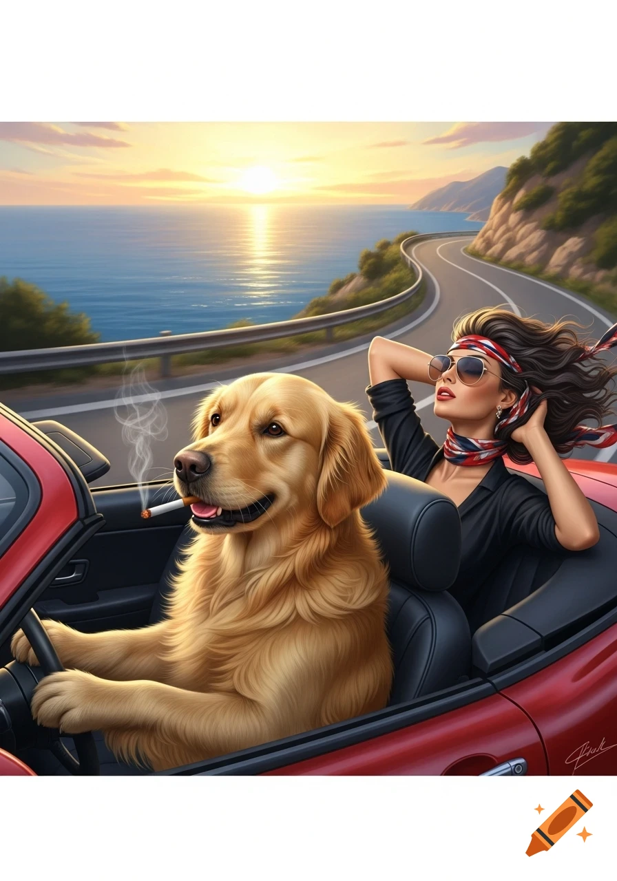 A golden retriever smoking a cigarette drives a red convertible on a winding coastal road at sunset, with a woman in the passenger seat.