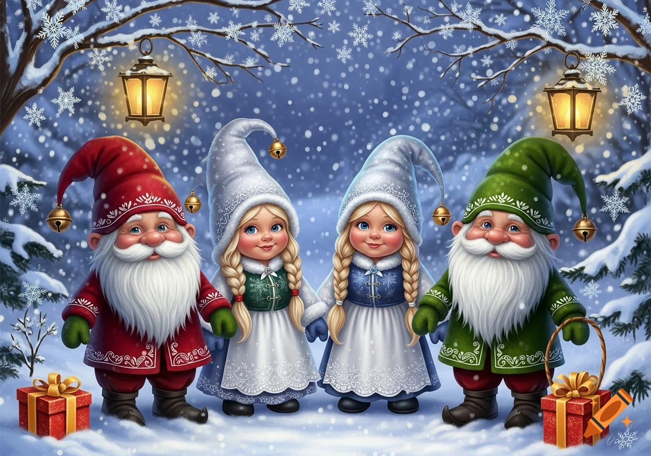 Four cheerful gnomes, two male in red and green, and two female in white, stand in a snowy winter wonderland under two glowing lanterns.