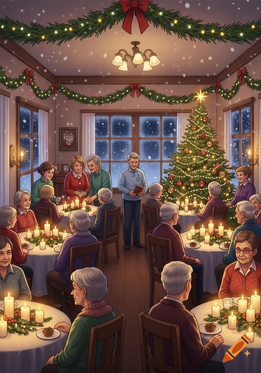 Illustrated scene of elderly people gathered for a Christmas service in a festively decorated room with a Christmas tree and snowy windows.