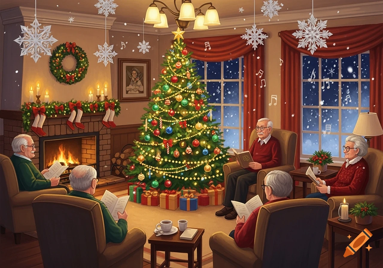 Elderly people read books in a cozy living room decorated for Christmas, with a fireplace, festive tree, and snow falling outside windows.
