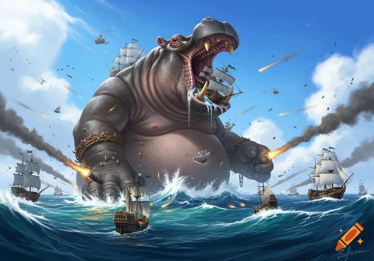 A colossal humanoid hippo stands in a stormy ocean, swallowing a pirate ship, while other ships battle it with cannons.