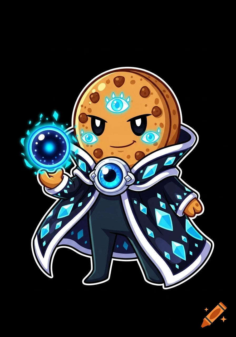 Chibi cookie magician character with multiple glowing blue eyes, a dark cape with blue crystals, holding a blue energy orb.