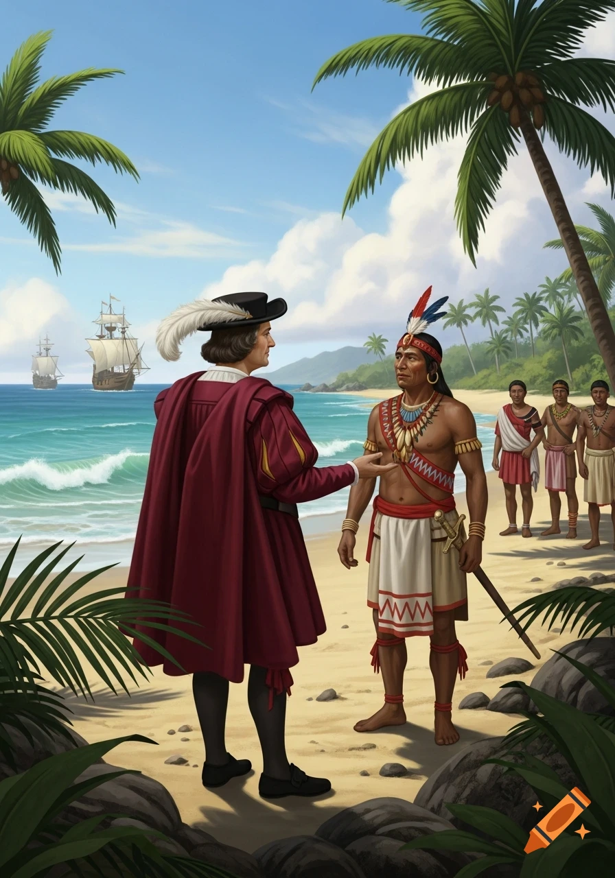 An illustration of a European explorer in historical attire speaking to an indigenous man on a tropical beach, with sailing ships in background.
