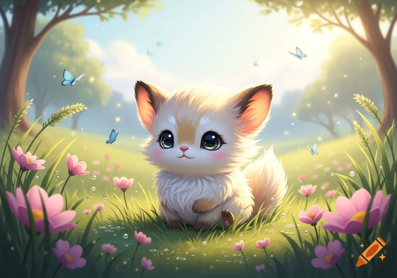 A fluffy, big-eyed, cartoon-style creature resembling a fennec fox sits in a whimsical meadow surrounded by pink flowers and butterflies.