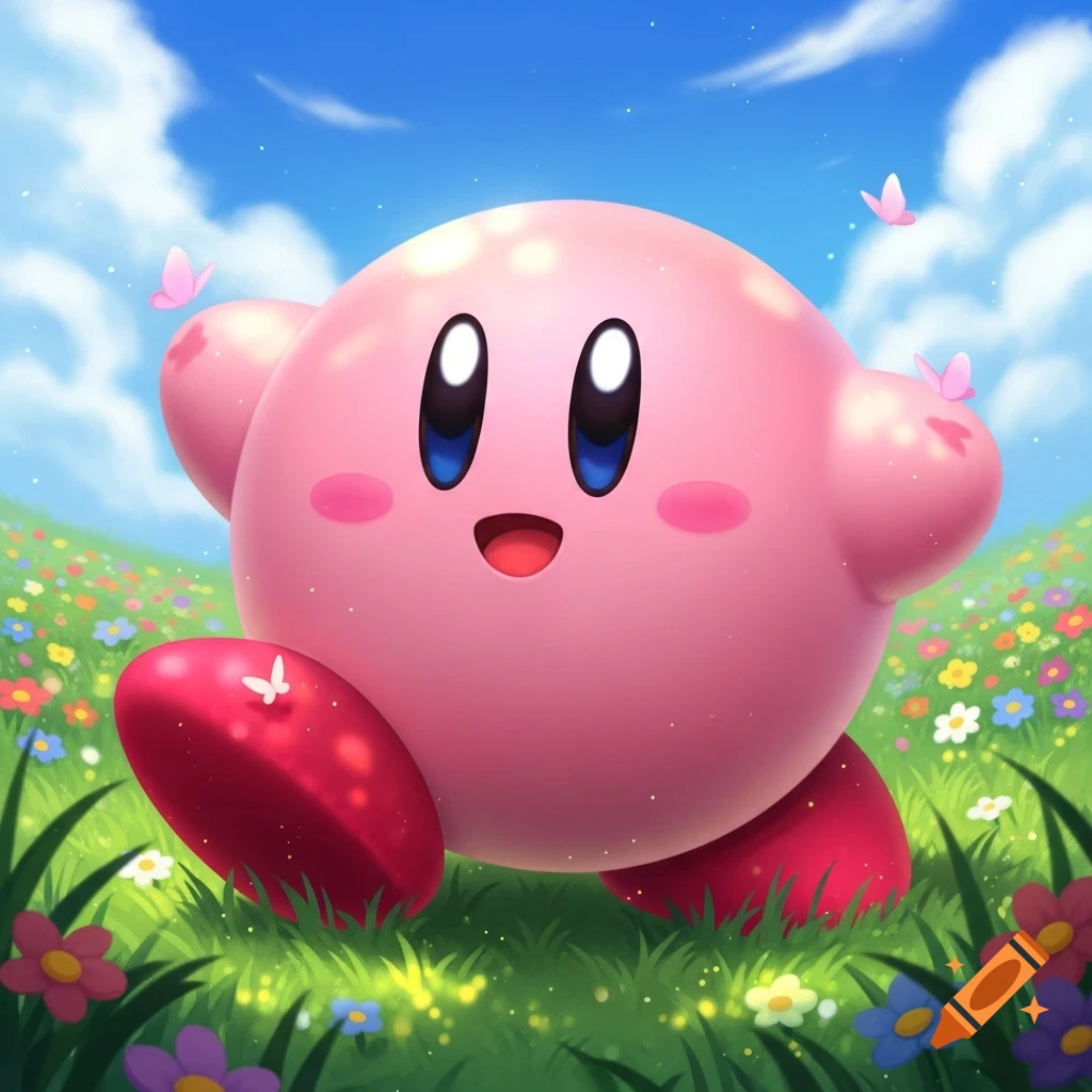 Kirby stands in a vibrant green field full of colorful flowers under a bright blue sky, with pink butterflies fluttering around.
