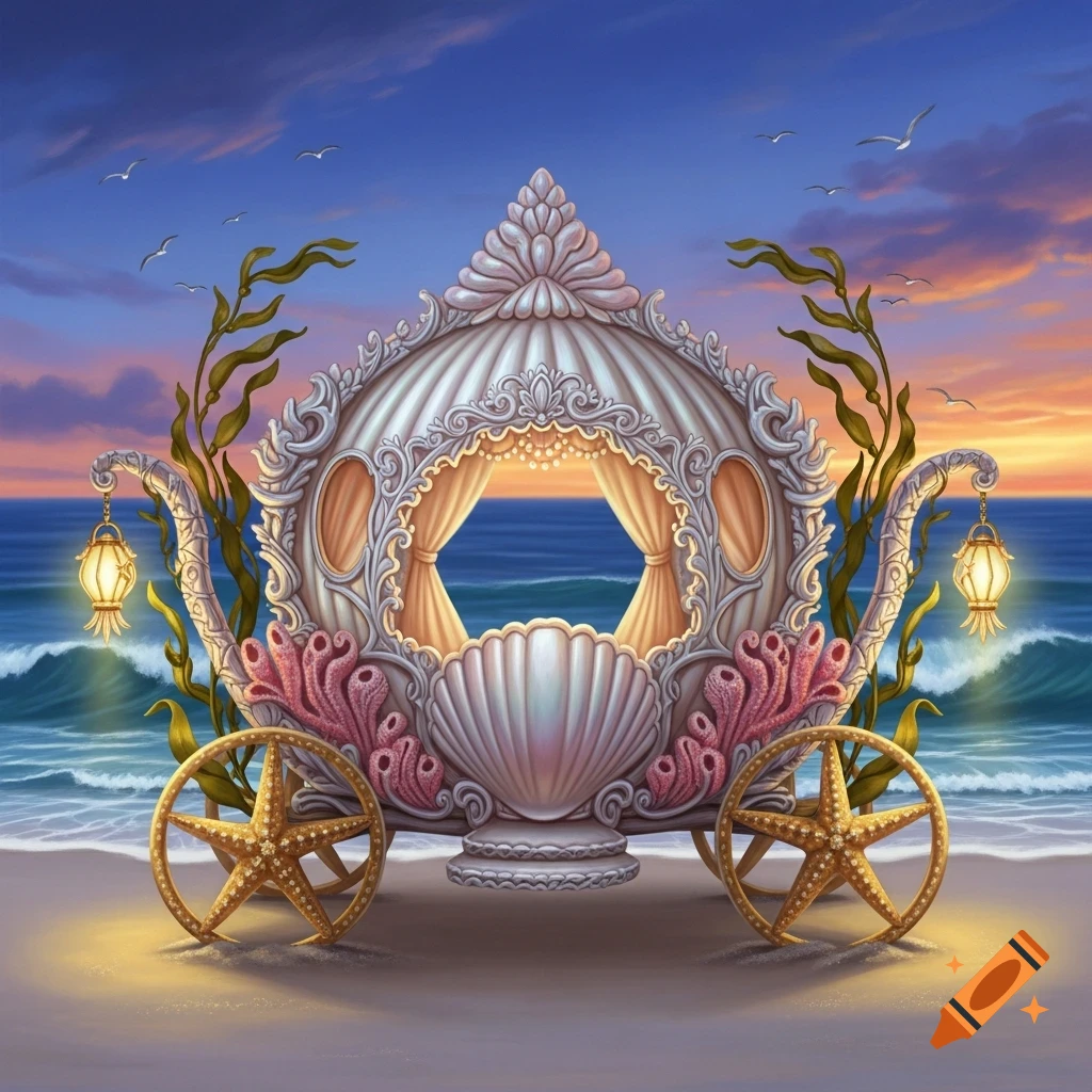 An elegant, ornate seashell carriage with starfish wheels on a beach at sunset, with ocean waves and seaweed.