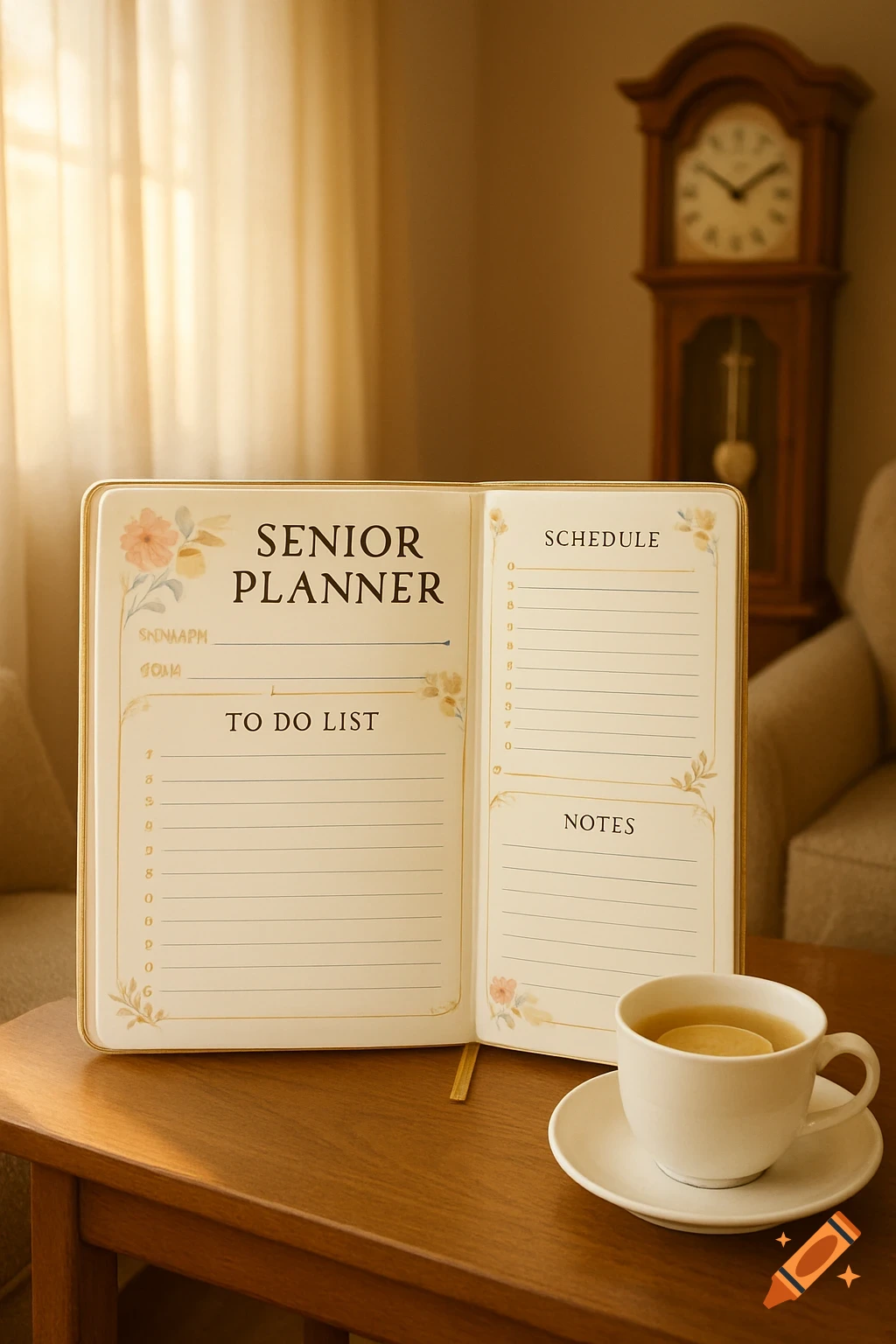 An open 'SENIOR PLANNER' with schedule and to-do lists on a wooden table, next to a cup of tea with lemon. A grandfather clock is in the background.