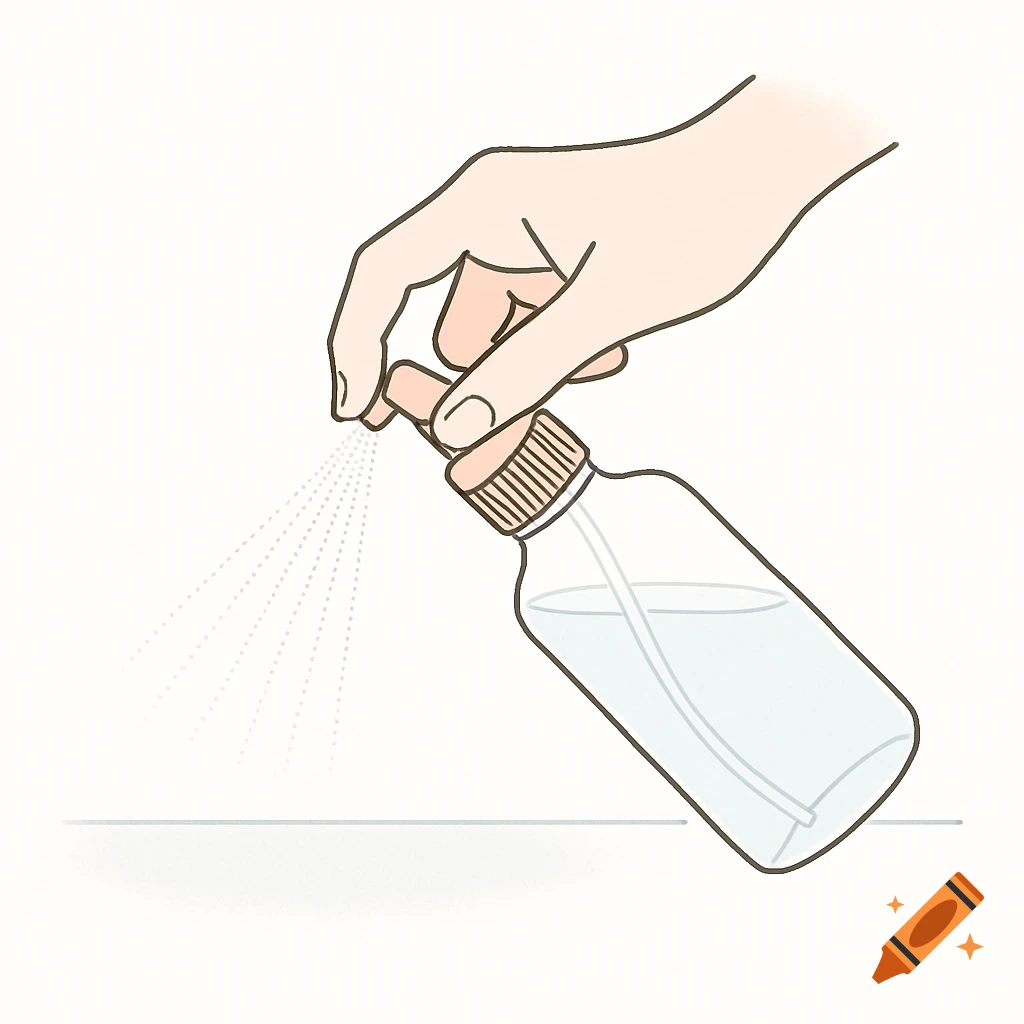 Simplistic illustration of a hand spraying liquid from a clear spray bottle onto a surface.