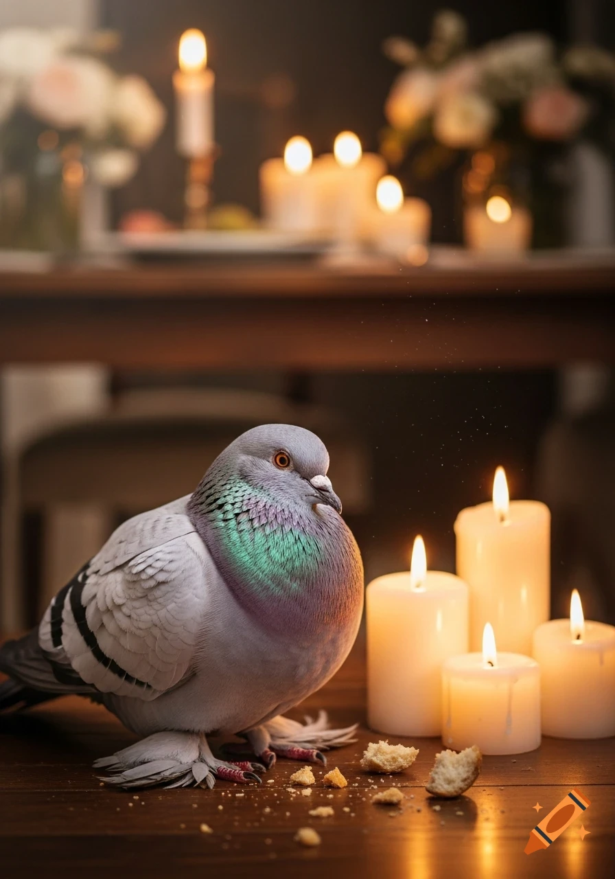 A cute grey pigeon with iridescent neck feathers sits on a wooden table, surrounded by several lit candles and bread crumbs, in a warm, low-light setting.