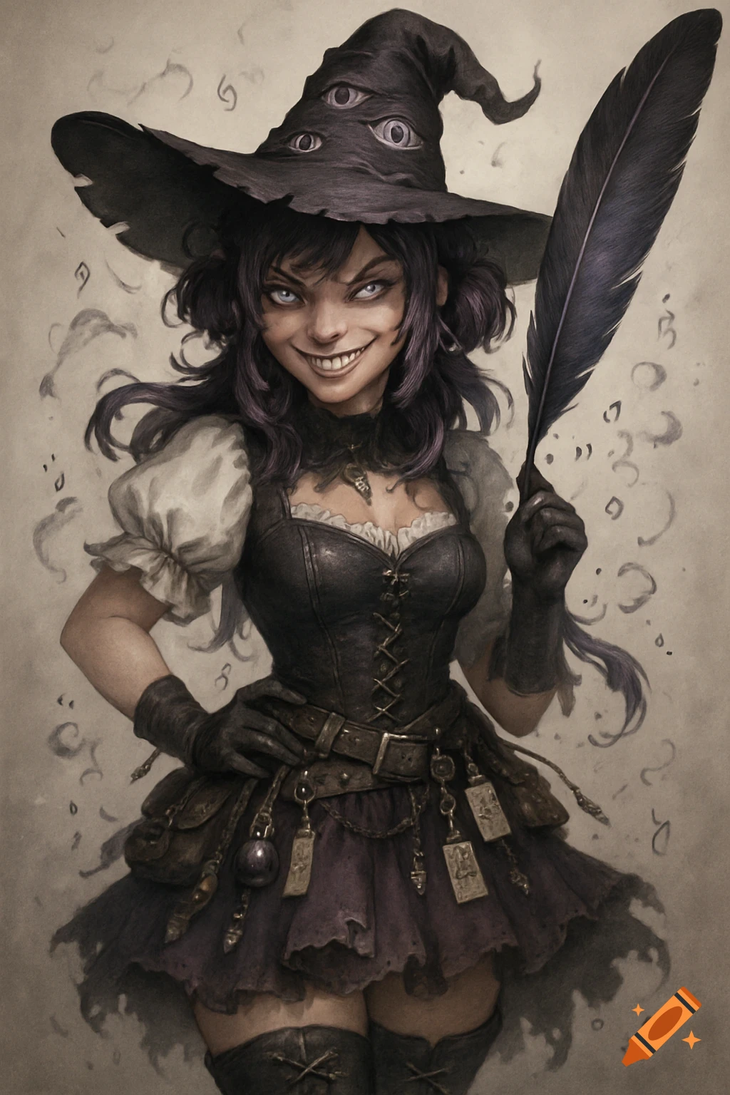 A grinning anime-style witch with purple hair, a multi-eyed hat, and a black outfit holds a large quill, with faint runes floating around her.