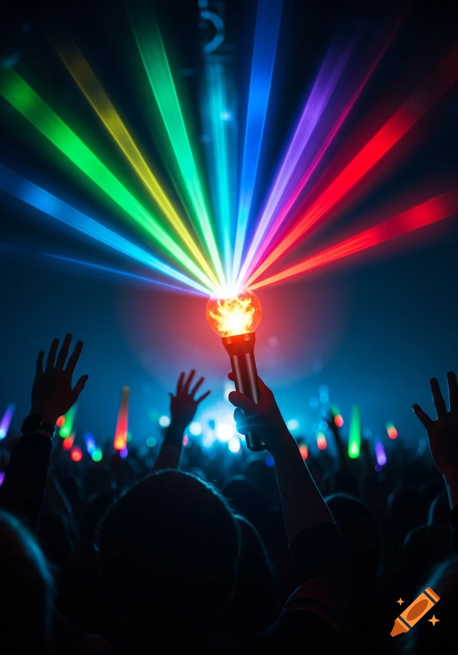 A person holds a glowing lightstick emitting colorful rainbow lasers into a dark sky above a cheering crowd at a concert.