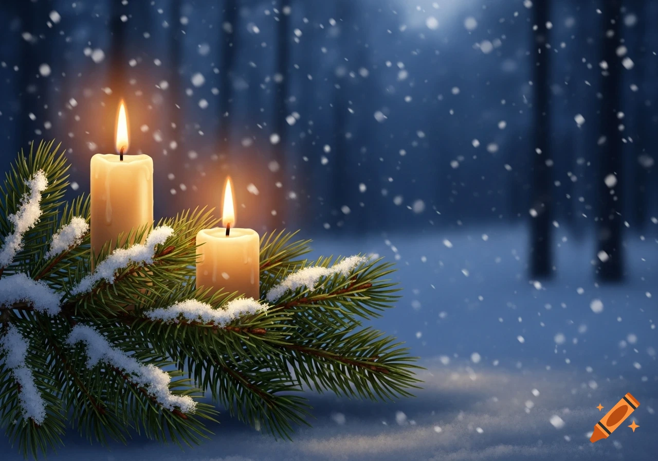 Two lit candles on a snow-covered pine branch, set against a blurred, snowy winter forest backdrop. Photorealistic.