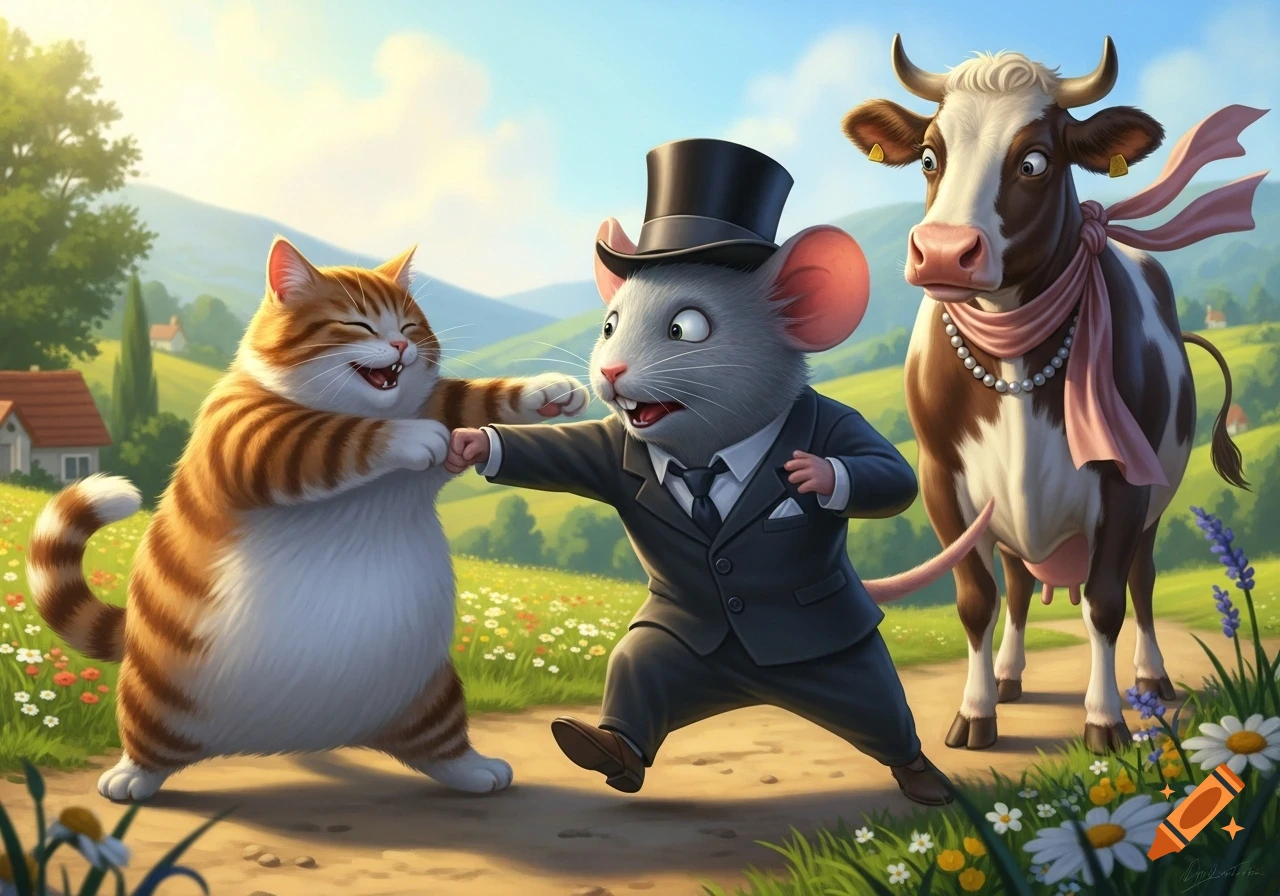 A smiling, heavy orange cat fist-bumps a surprised mouse in a top hat and suit, while a cow with a pink scarf and pearls looks on in a sunny field.