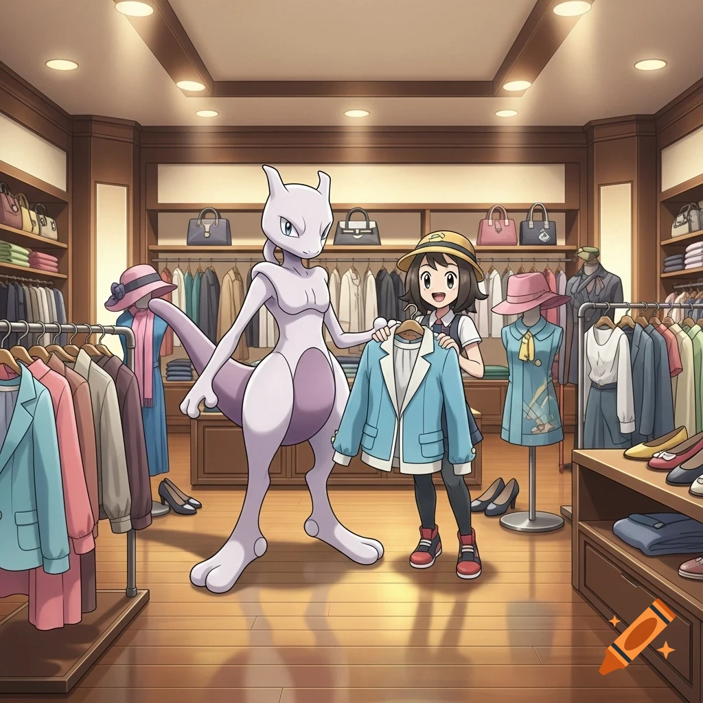 Mewtwo and a girl Pok mon trainer in an anime style at a clothing store, holding up a blue jacket.