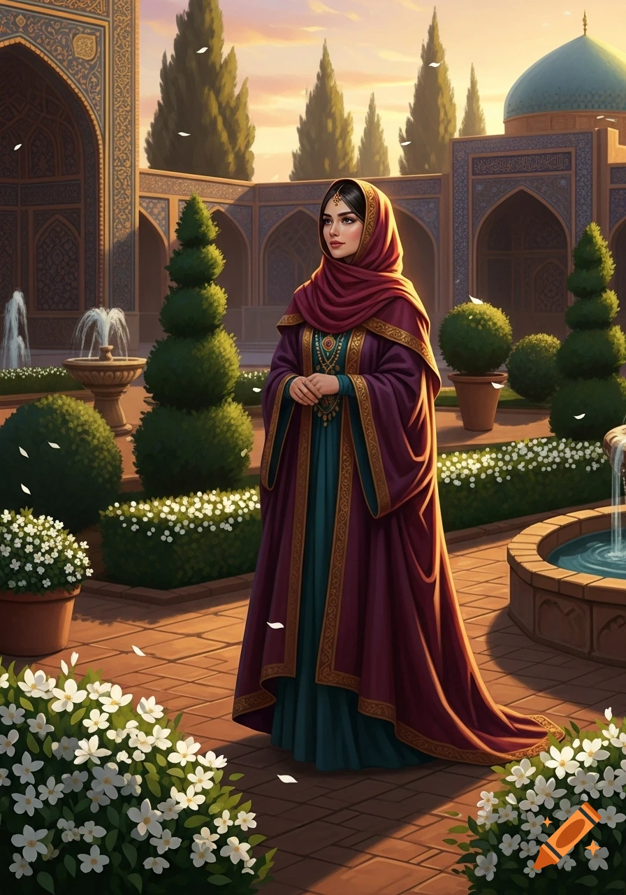 A woman in a red hijab and purple cloak stands in a beautiful Persian garden with ornate architecture at sunset.