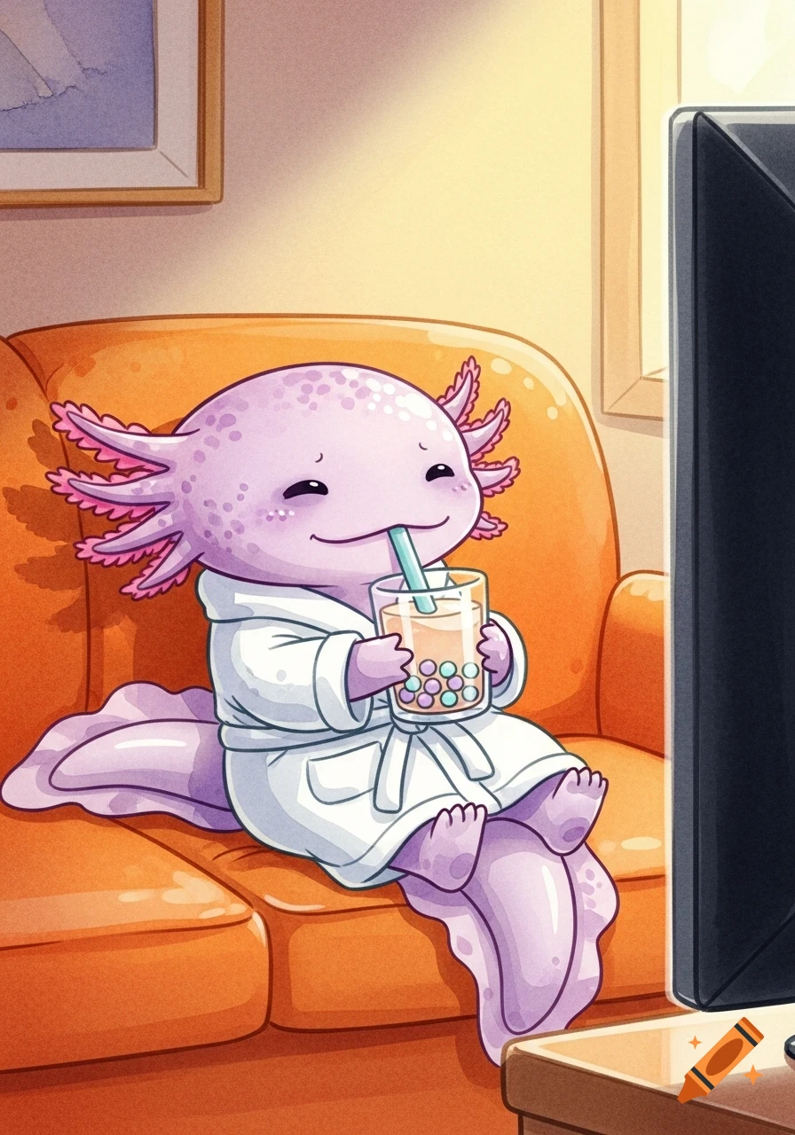 Purple axolotl in a white bathrobe sits on an orange couch, drinking boba tea and watching TV in a watercolor illustration style.