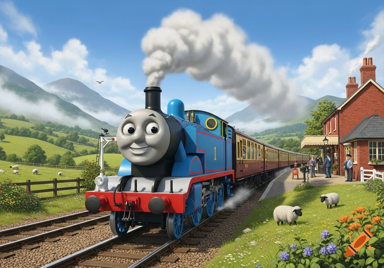 Thomas the Tank Engine smiles, pulling passenger cars past a red brick train station in a green valley with mountains.