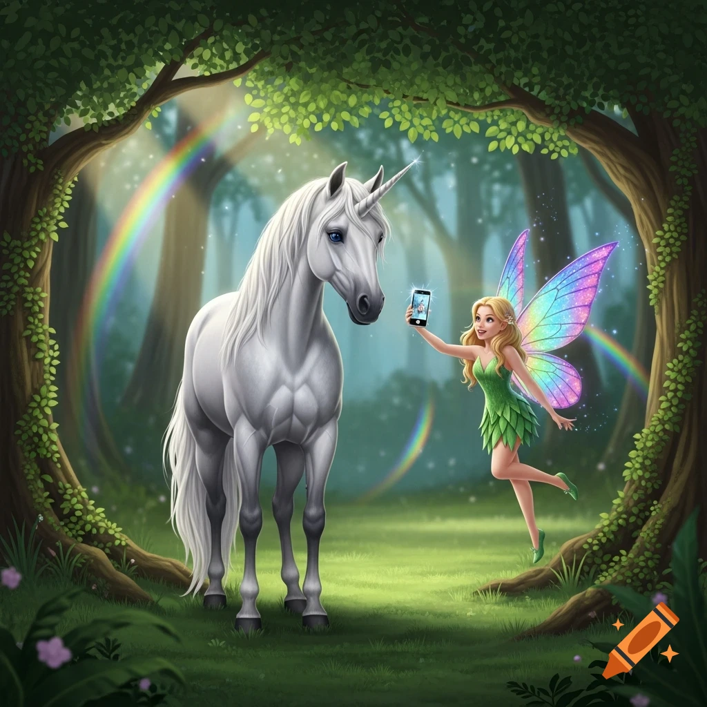 A colorful fairy takes a selfie with a majestic white unicorn in an enchanted forest with rainbows.