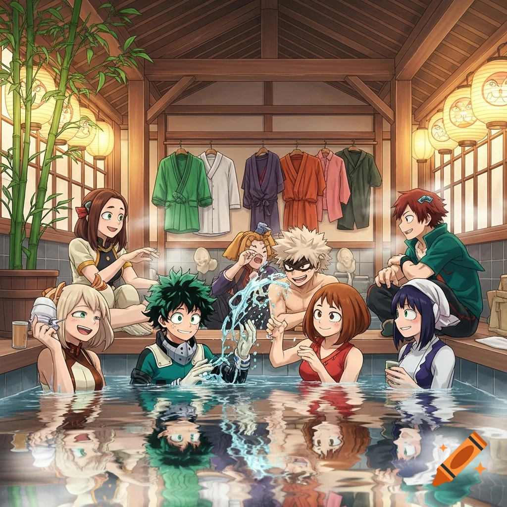 My Hero Academia characters Deku, Bakugo, Uraraka, and others enjoying a communal bath in a traditional Japanese bathhouse setting.