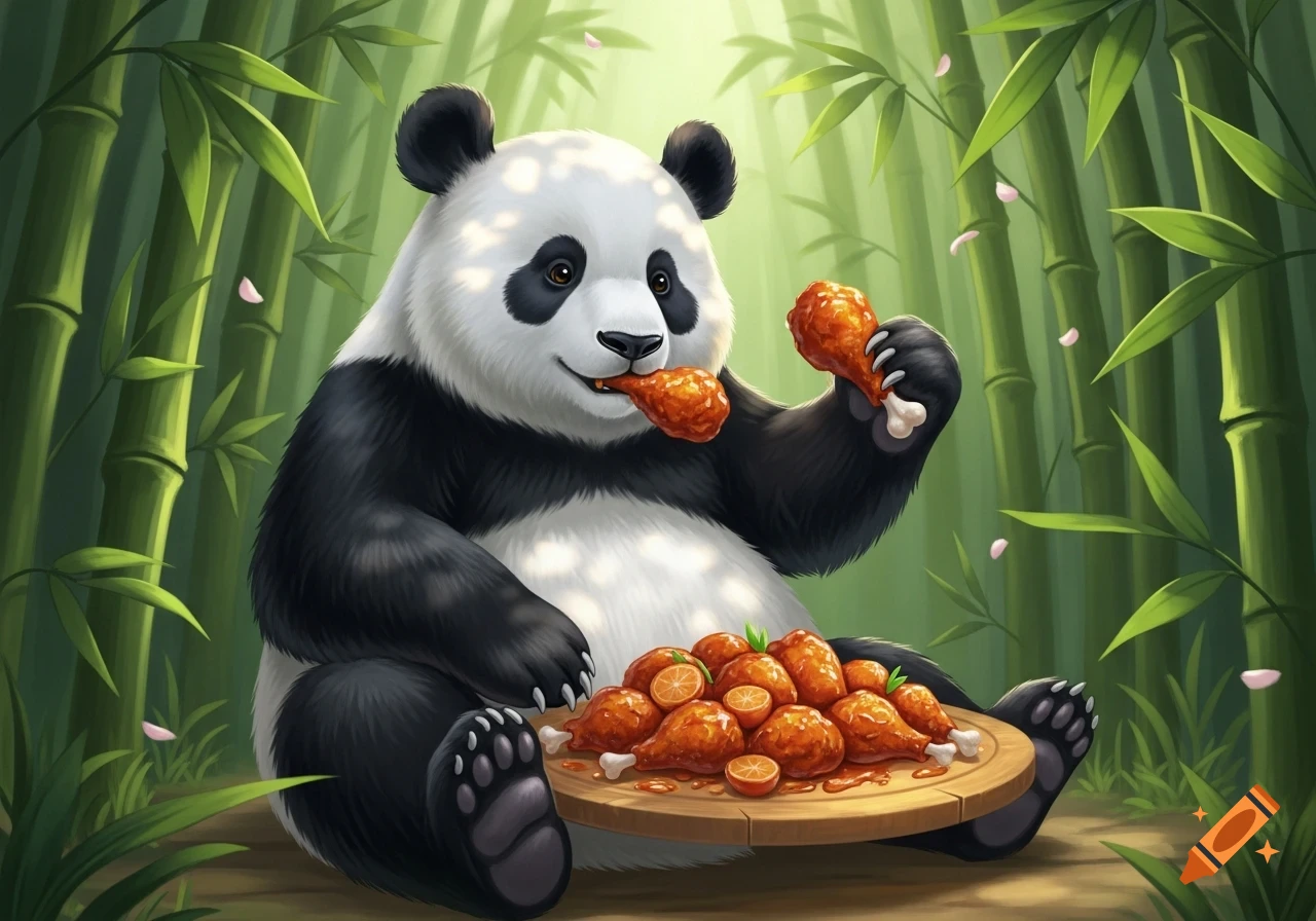 An illustrated panda happily eating fried chicken from a platter in a bamboo forest.