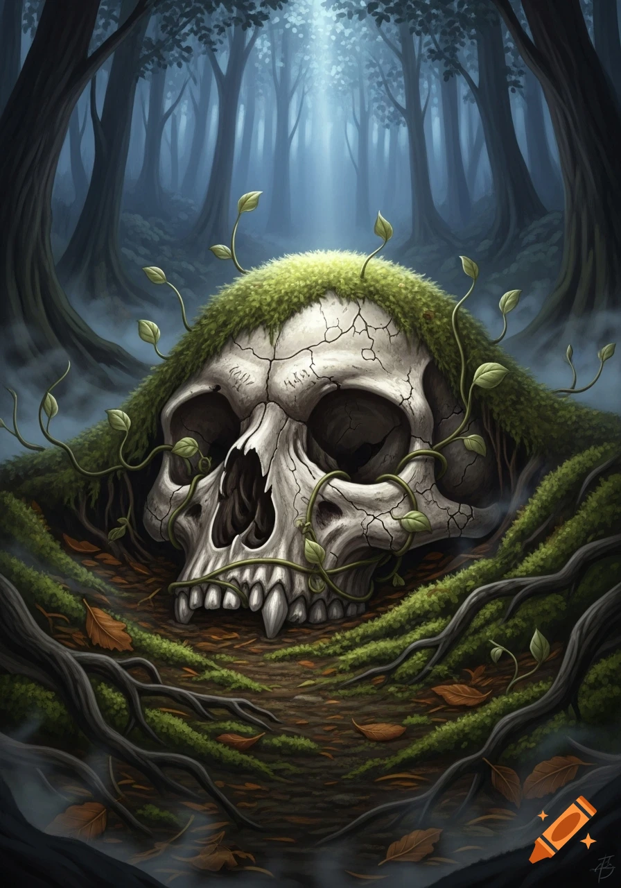 A stylized, moss-covered skull with fangs rests amidst roots and leaves in a dark, misty forest, illuminated by a beam of light.