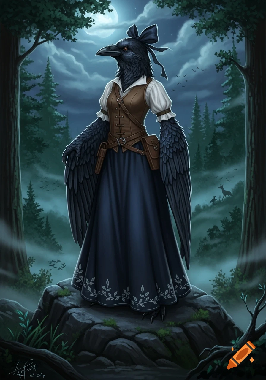 A humanoid raven wearing a brown vest, white shirt, and dark blue skirt with a bow on its head stands on a rock in a mystical forest at night under a full moon.