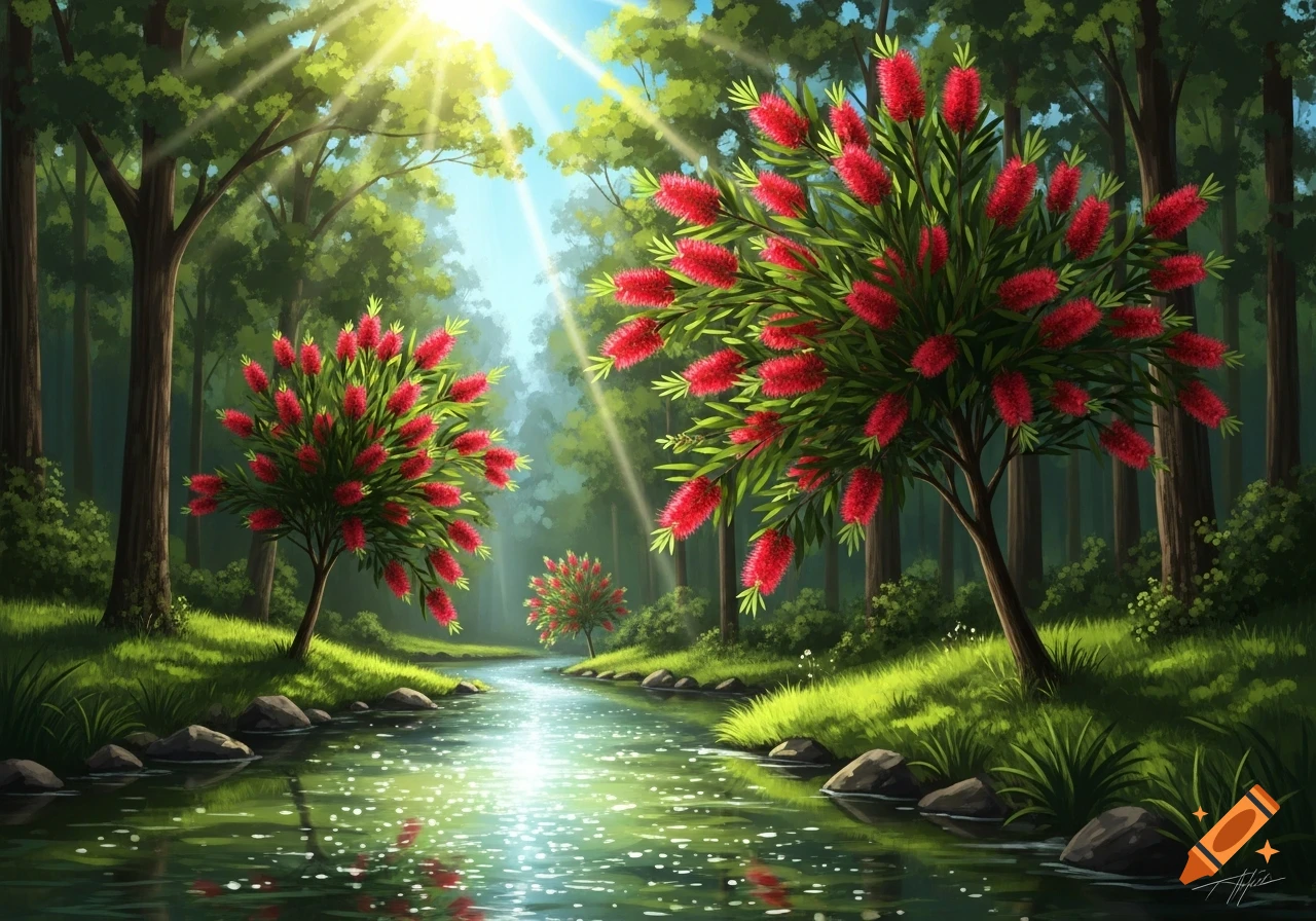 Digital painting of a sunny forest with red bottlebrush trees flanking a sparkling river.