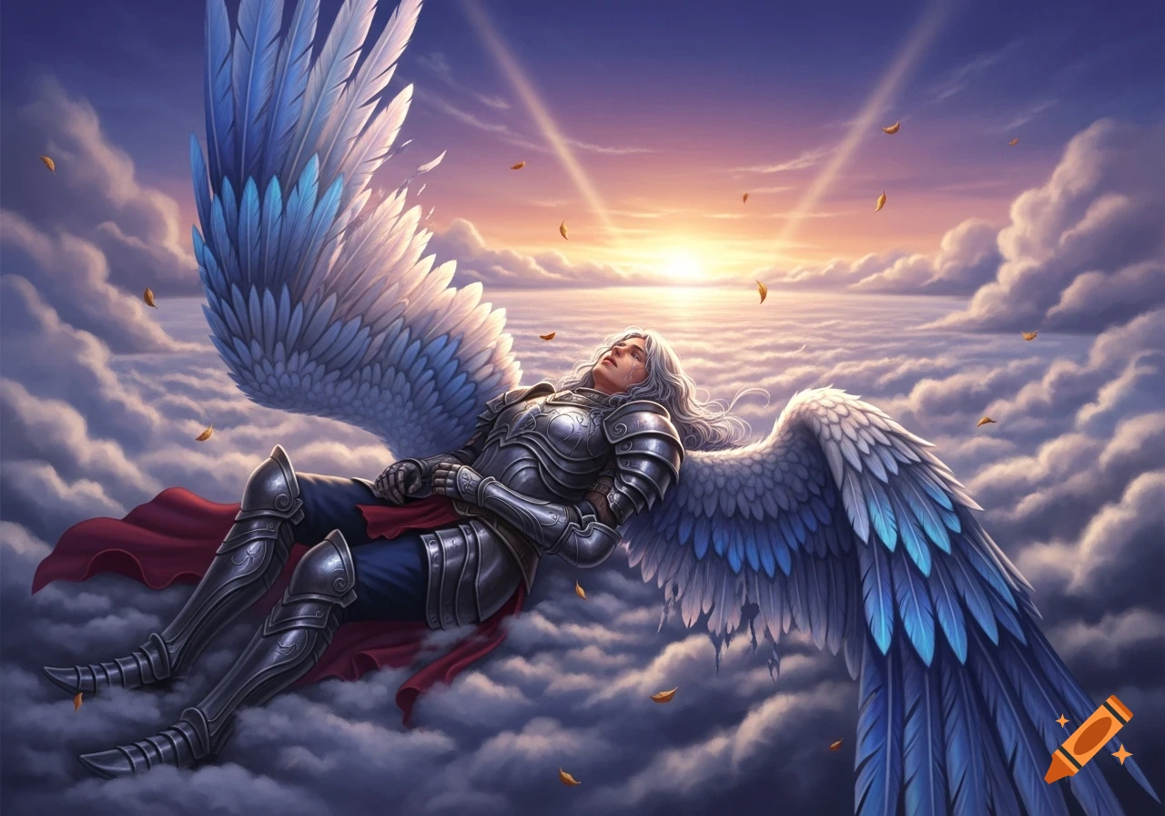 A white-haired seraphim in silver armor with large blue and white wings lies crying on fluffy clouds beneath a radiant sunrise.