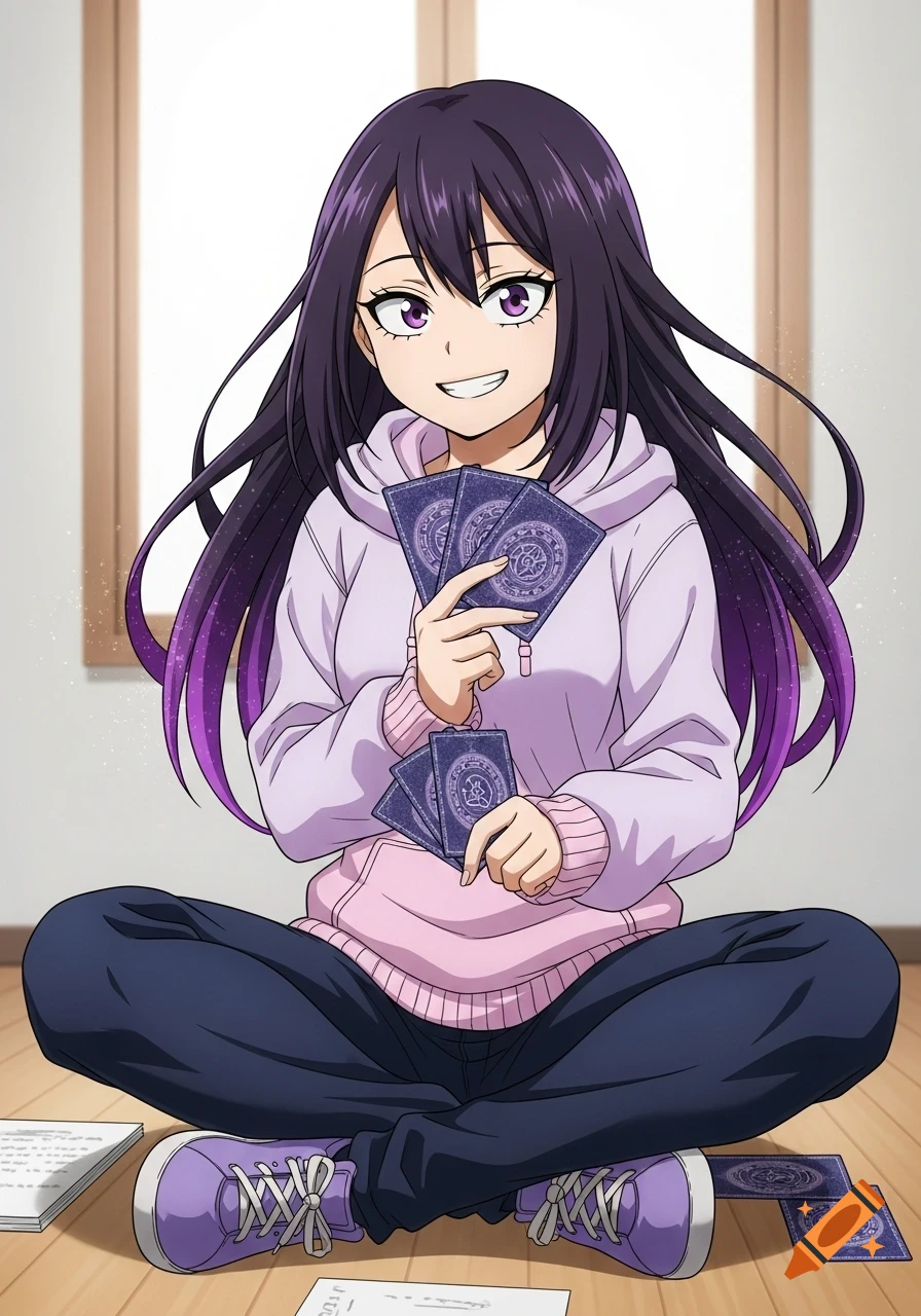 Anime girl with dark purple hair and eyes, wearing a pink hoodie, sits cross-legged, holding magic cards and smiling mischievously.