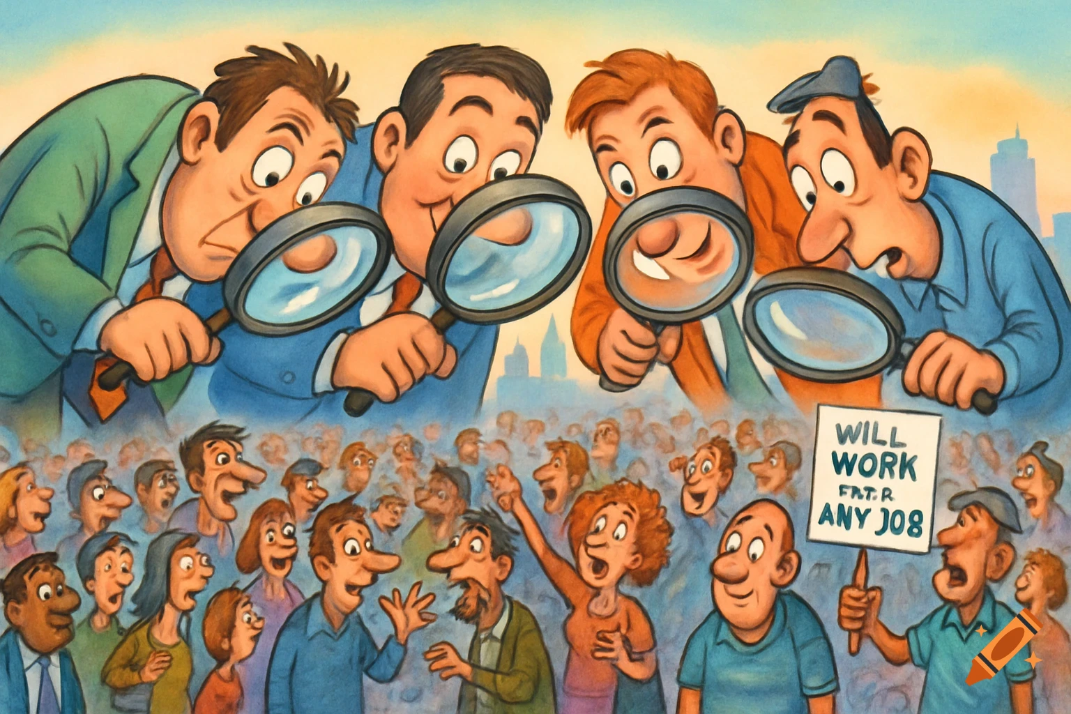 Cartoon men with magnifiers observe a dense crowd of people below; one person holds a sign 'WILL WORK F.T.R ANY JOB'.
