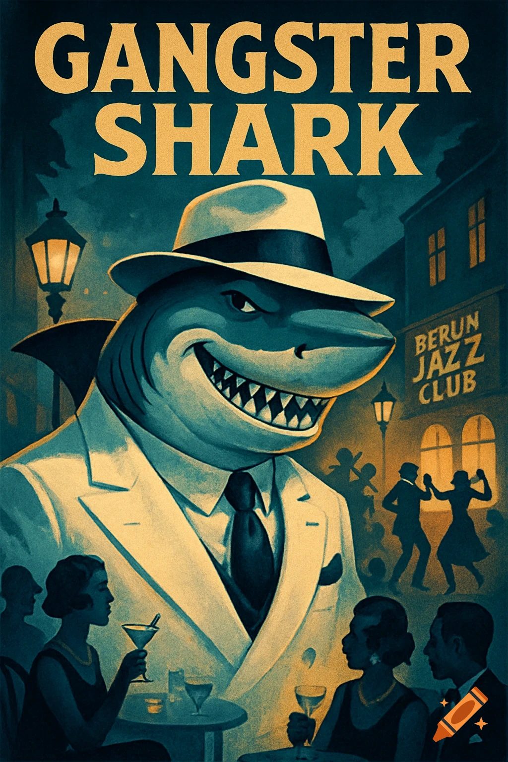 A vintage-style poster features a grinning shark in a white suit and fedora, standing outside a "BERUN JAZZ CLUB" at night, with patrons in the background.