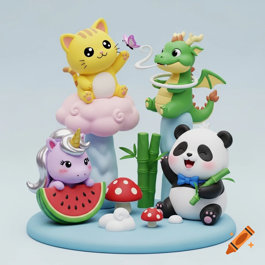 A 3D render of cute chibi characters: a yellow cat, green dragon, purple unicorn with a watermelon, and a panda holding bamboo.