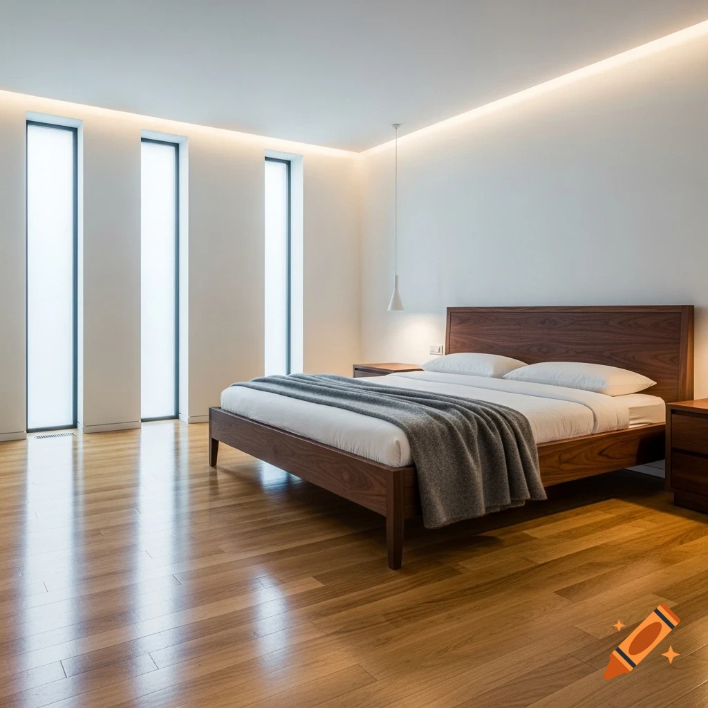 A modern bedroom with a dark walnut bed, white bedding, light oak floors, white walls, tall windows, and subtle ceiling lighting.