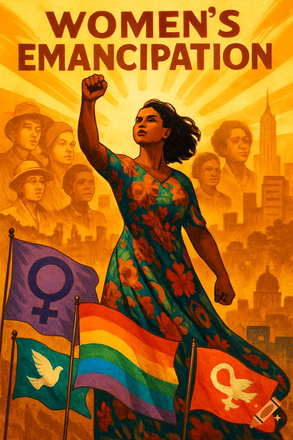 A vintage-style poster depicting a woman raising her fist in front of other women and a city skyline, with 'WOMEN'S EMANCIPATION' text and various flags.