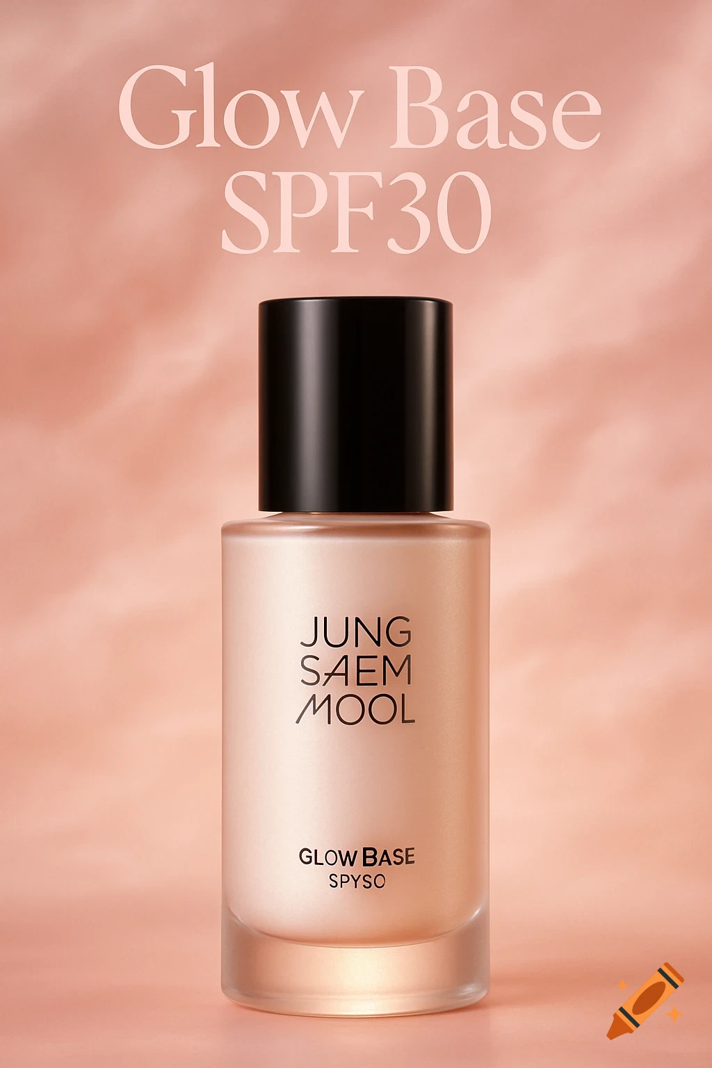 A bottle of JUNG SAEM MOOL Glow Base SPF30 foundation with a black cap, standing on a light pink background.