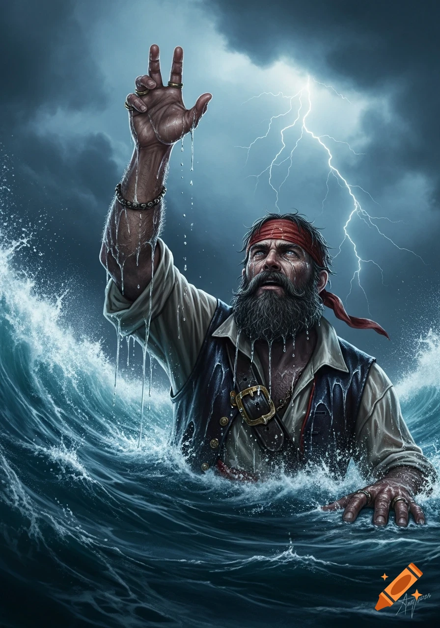 A rugged pirate with a thick beard struggles to stay afloat in a stormy sea with crashing waves and lightning.