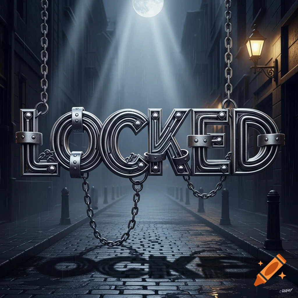 Photorealistic image of the metallic word 'LOCKED' hanging by chains in a dark, rainy urban alley at night under a full moon.