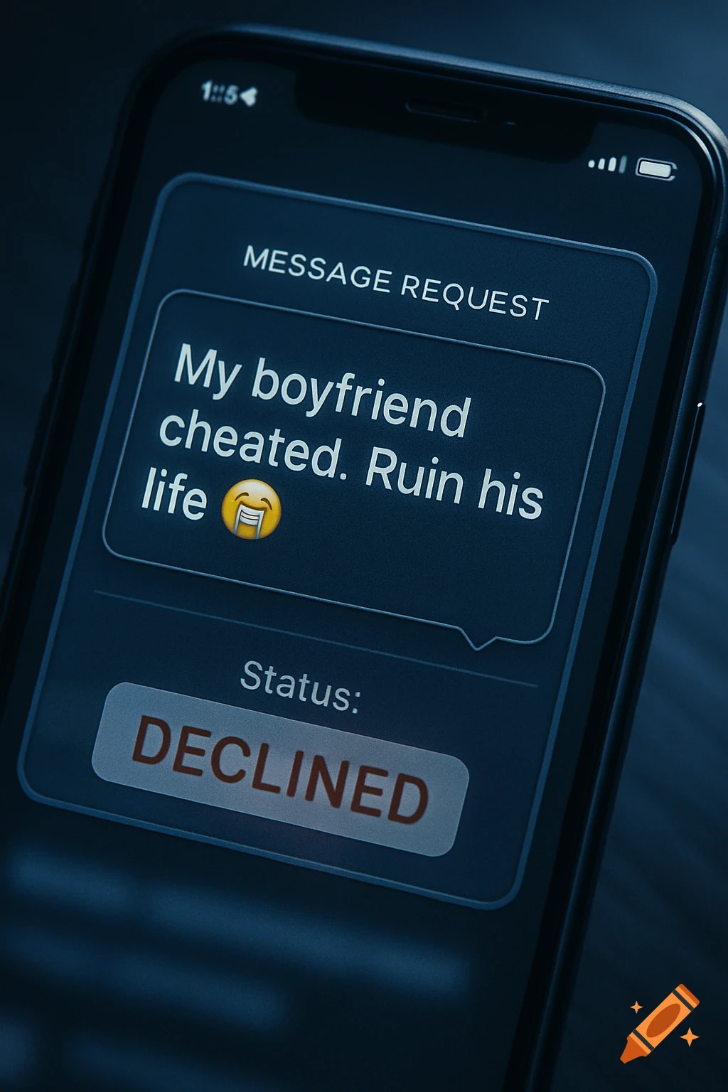 Close-up of a smartphone screen displaying a message request with text 'My boyfriend cheated. Ruin his life 😭' and 'Status: DECLINED' against a dark background.