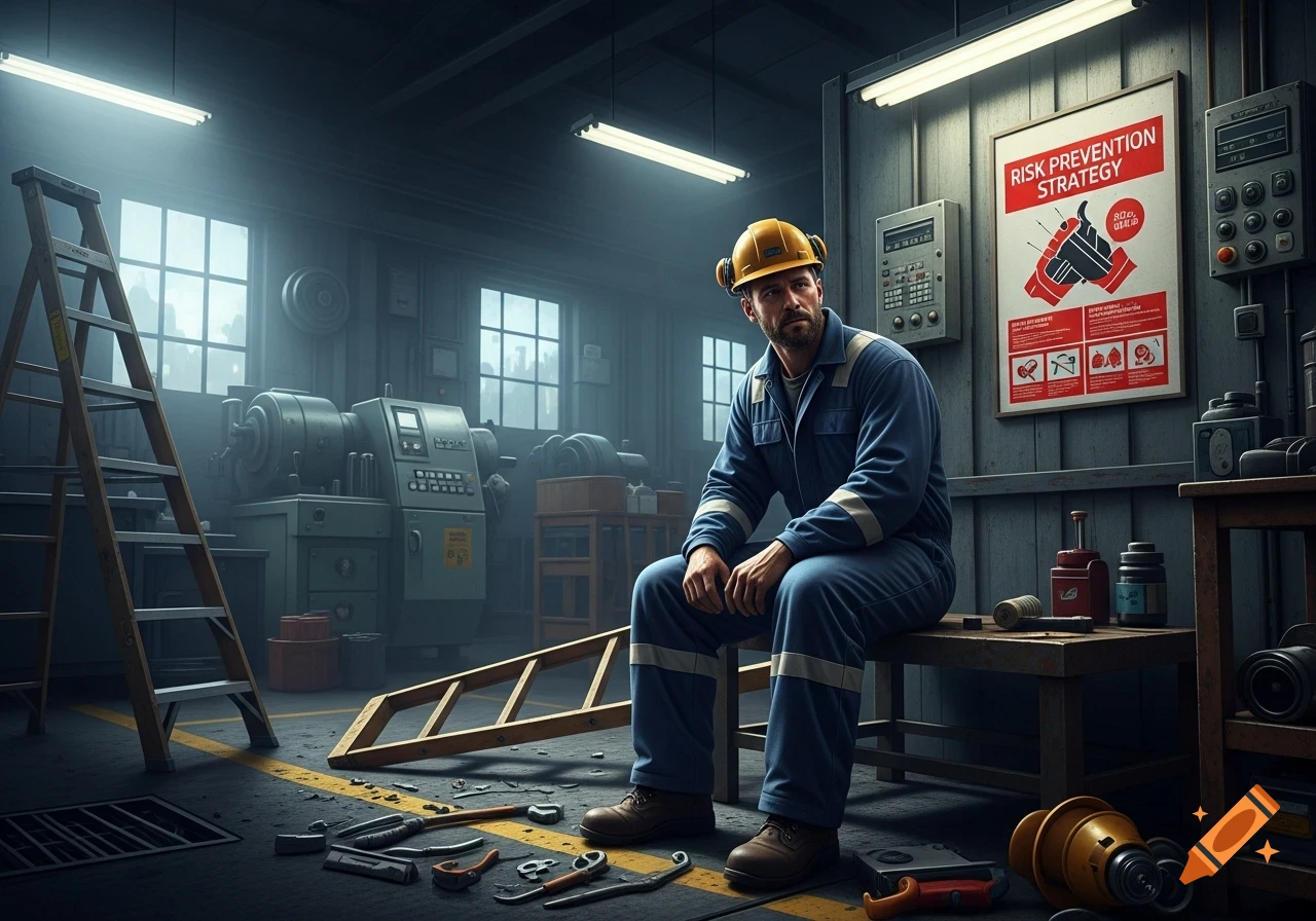 A man in a hard hat and blue work uniform sits on a bench in a dimly lit factory, surrounded by tools and machinery, with a 'RISK PREVENTION STRATEGY' poster on the wall.