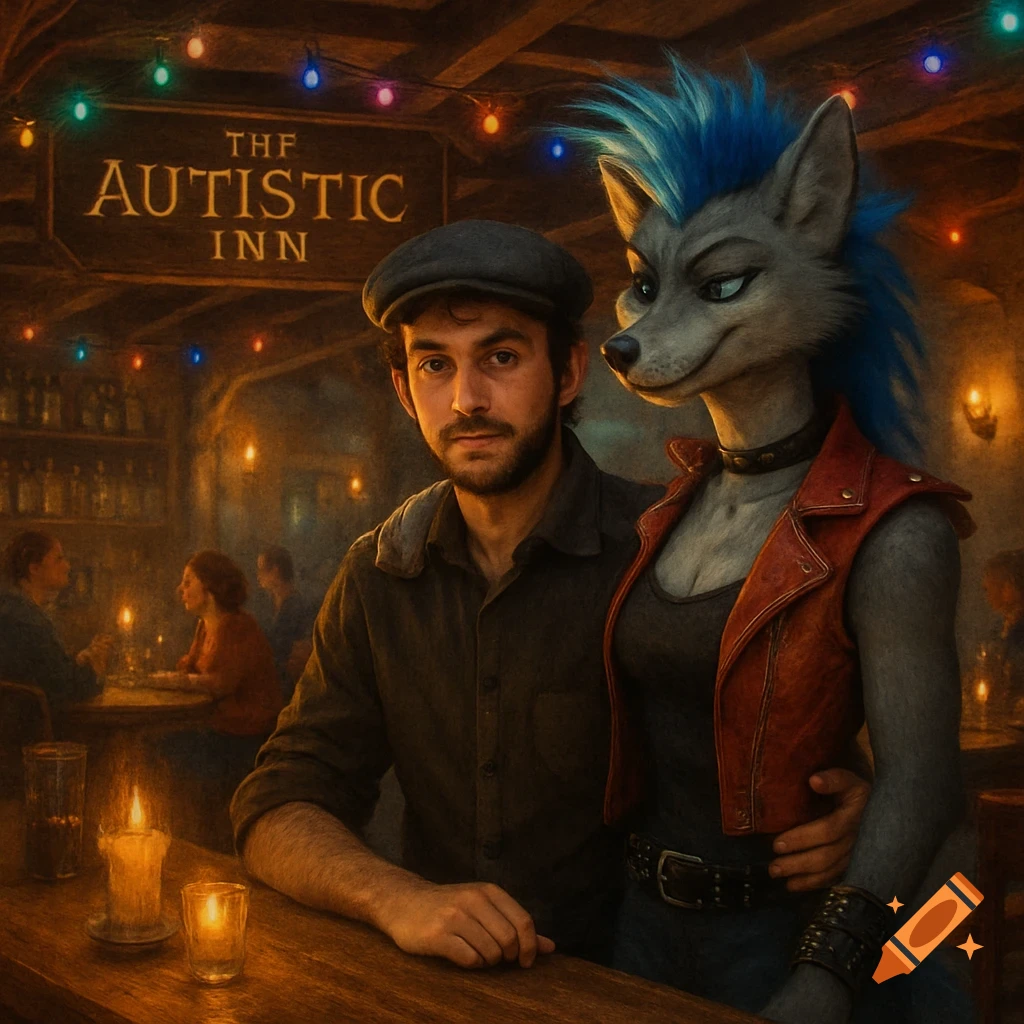 A man in a flat cap and a punk anthropomorphic grey wolf with blue hair stand in a dimly lit pub called 'The Autistic Inn'.