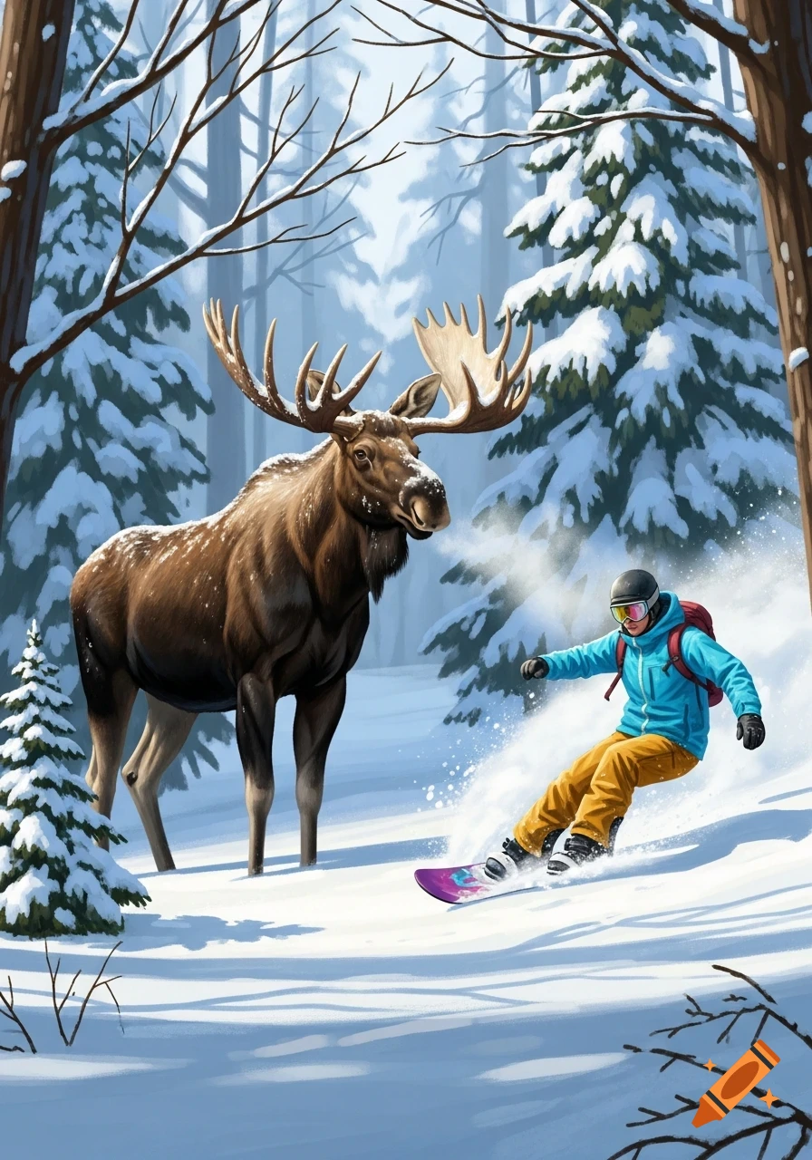 Illustrative scene of a large moose watching a snowboarder carve through a snowy forest.