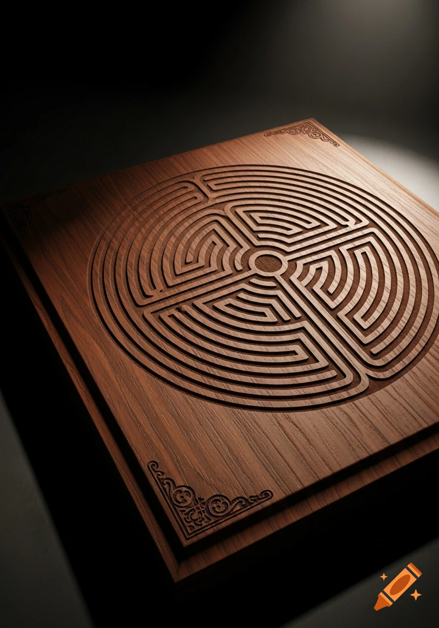 A photorealistic wooden plaque featuring an intricately engraved circular maze design, highlighted by dramatic lighting.
