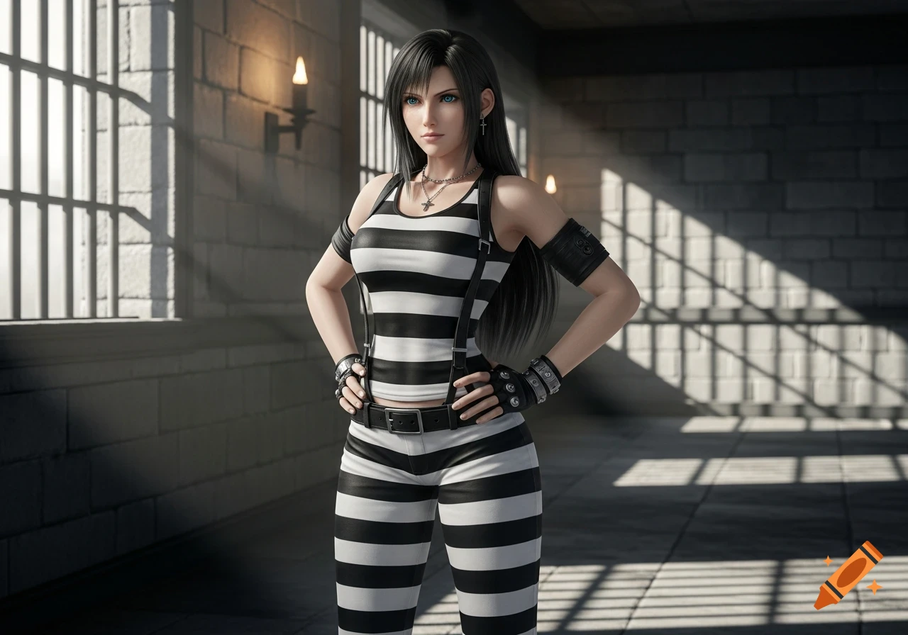Photorealistic render of Tifa Lockhart in a black and white striped prison uniform in a cell.