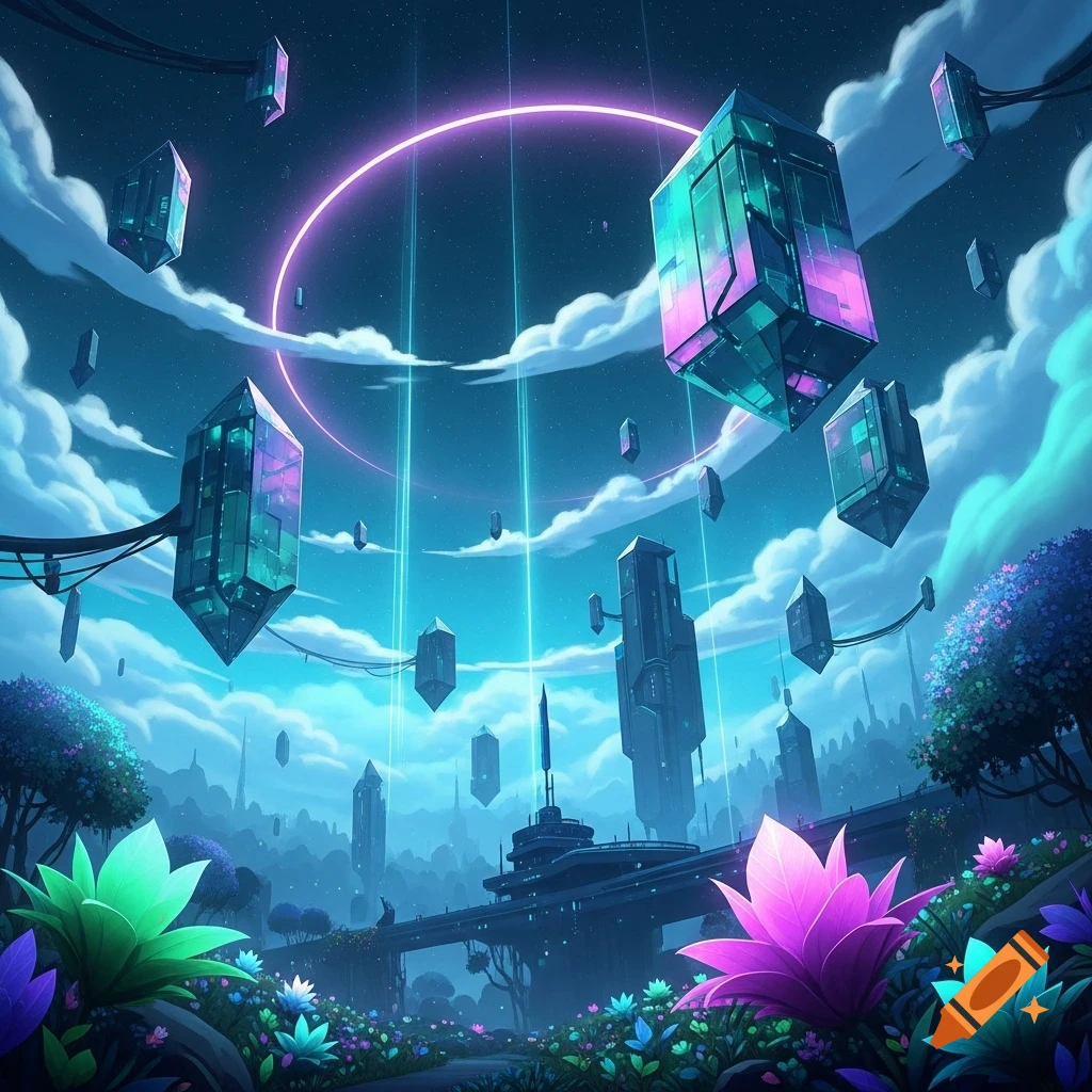 Vibrant digital art of a futuristic landscape with glowing purple and ...