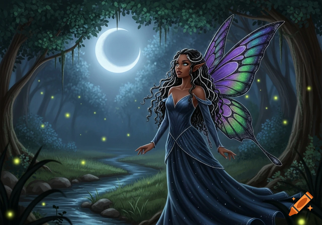 A dark-skinned fairy with purple and green iridescent wings stands in a moonlit forest by a stream, surrounded by fireflies.